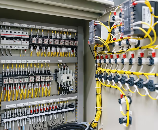 Electrical panel with various wires and connectors in a technical setting