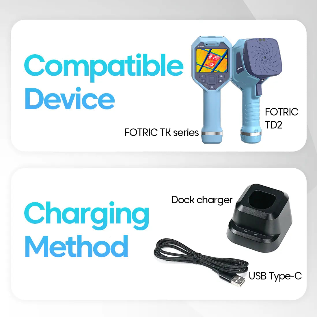 FOTRIC TK series device and dock charger with USB Type-C cable on a white background