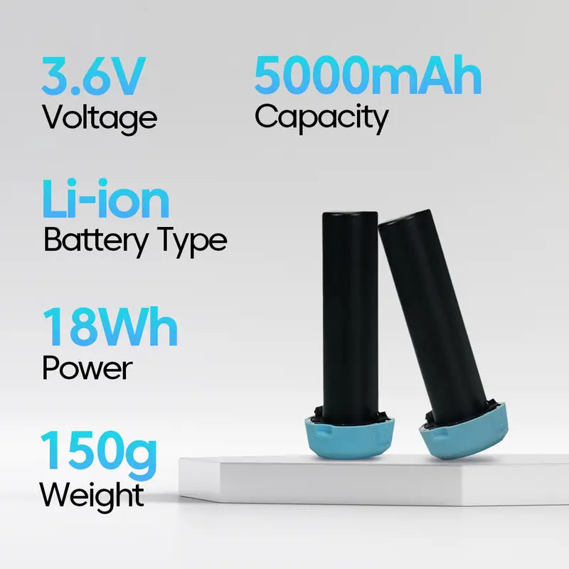 Two cylindrical batteries with technical specifications on a white background