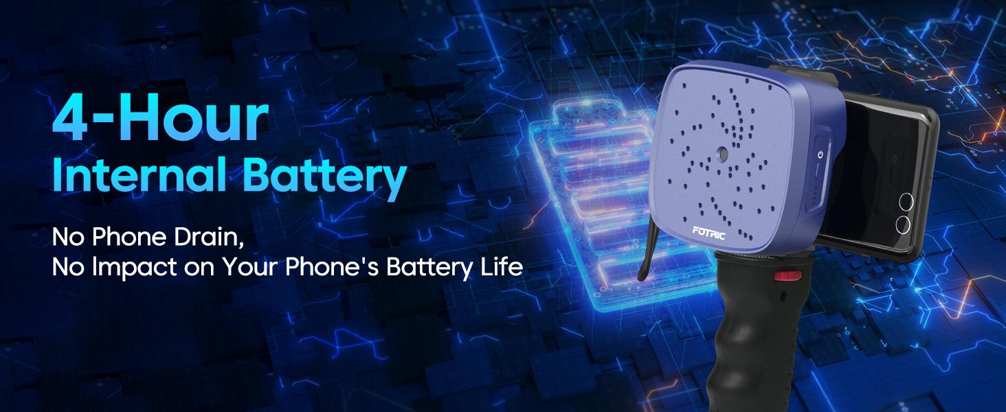 Handheld device with phone attachment on a dark background with blue glowing elements, highlighting 4-hour internal battery feature.