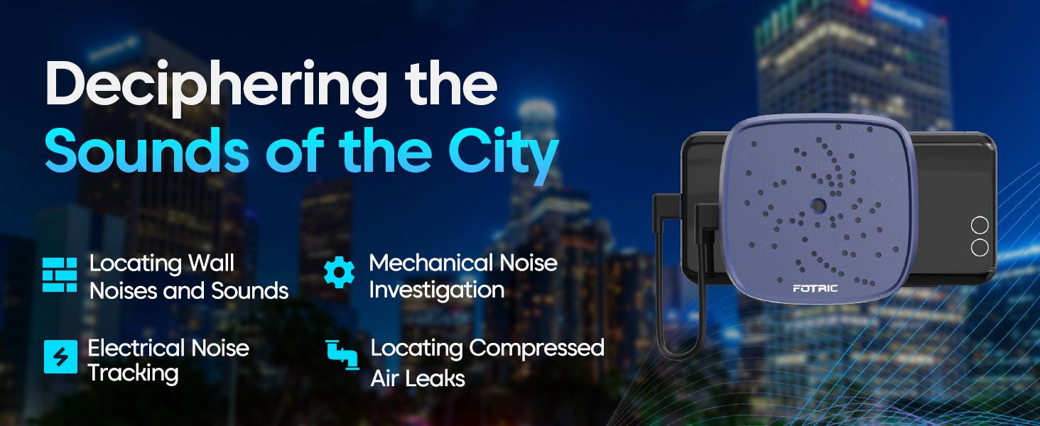 Sound detection device with cityscape background and text about noise-related applications.