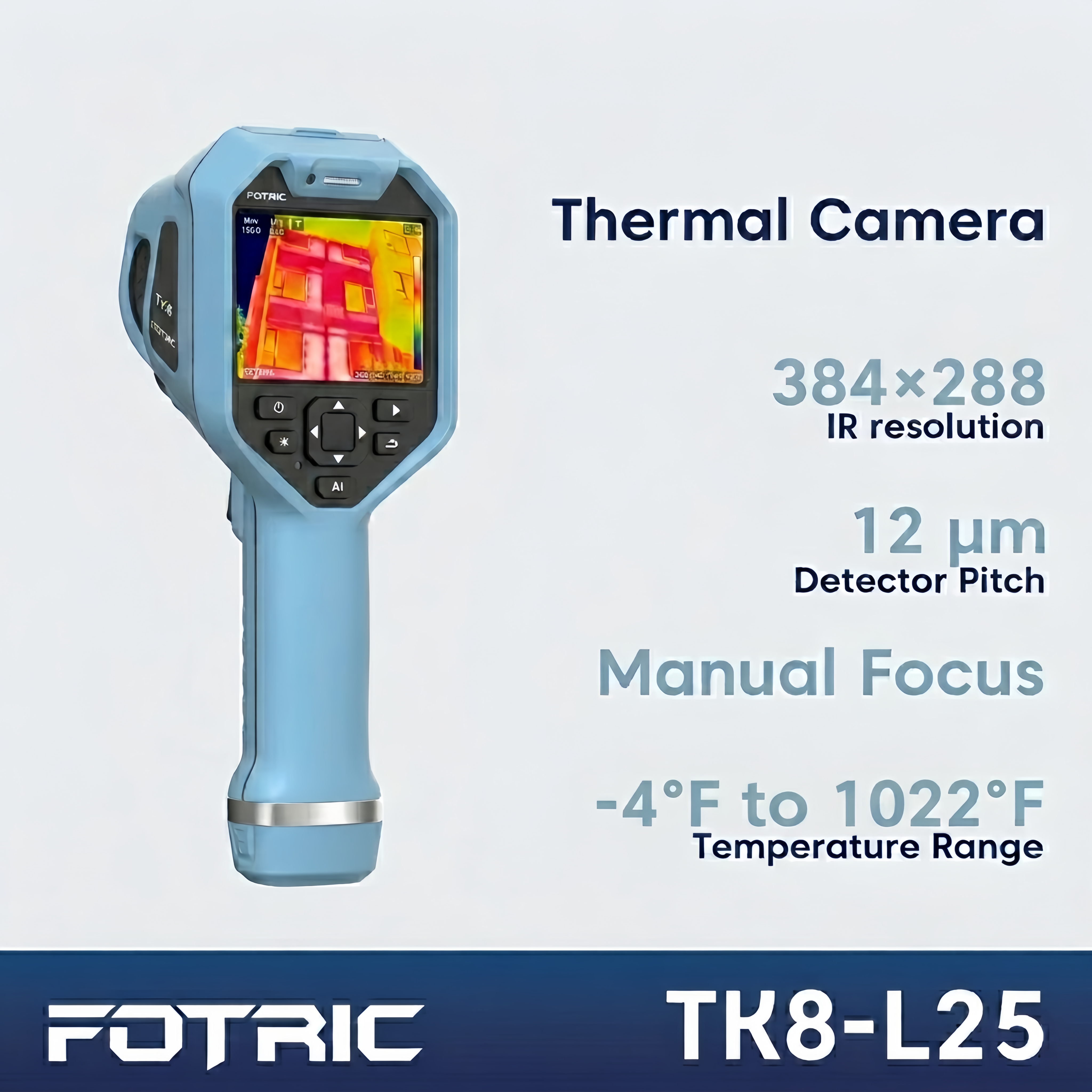 Fotric thermal camera with specifications on a light blue background